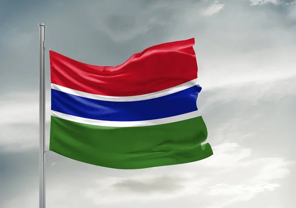 Gambia National Flag Cloth Fabric Waving Beautiful Grey Sky Background — Stock Photo, Image