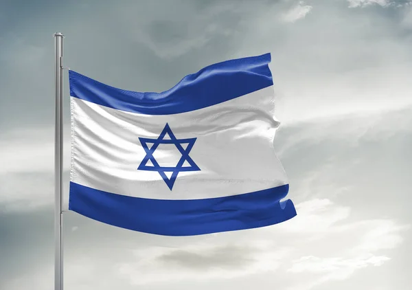 Israel National Flag Cloth Fabric Waving Beautiful Grey Sky Background — Stock Photo, Image
