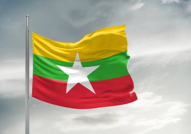 Myanmar (Burma) güzel gri arka planda sallanan ulusal bayrak kumaşı.
