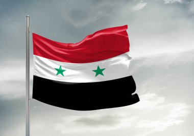 Suriye ulusal bayrak kumaşı güzel gri arka planda sallanıyor.