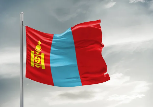 Tecido Pano Bandeira Nacional Mongólia Acenando Céu Cinza Bonito Fundo — Fotografia de Stock