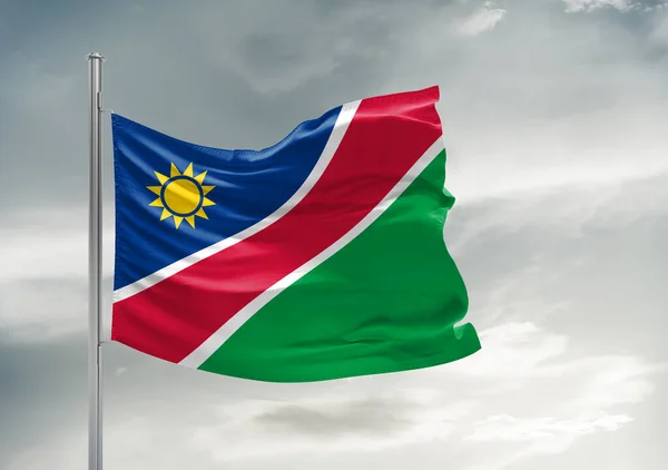 Namibië Nationale Vlag Stof Zwaaien Mooie Grijze Lucht Achtergrond — Stockfoto