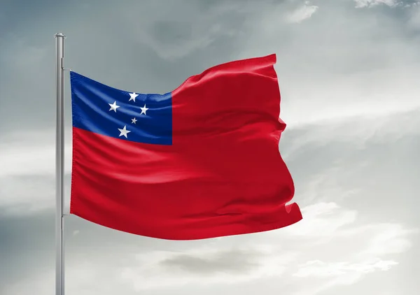 Samoa Nationale Vlag Stof Zwaaien Mooie Grijze Lucht Achtergrond — Stockfoto
