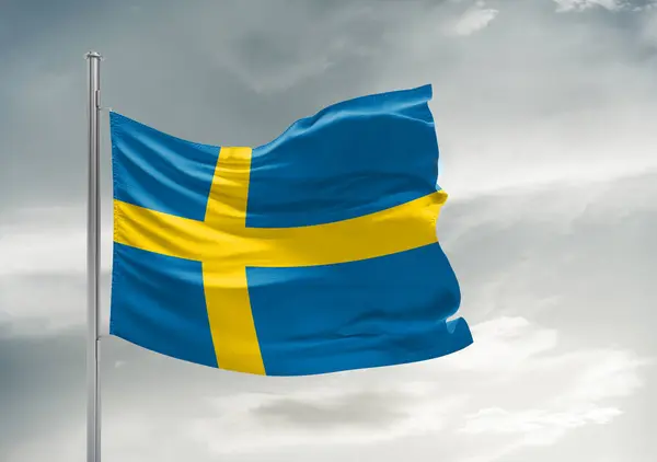 Svédország Nemzeti Zászló Szövet Hullámzó Gyönyörű Szürke Háttér — Stock Fotó