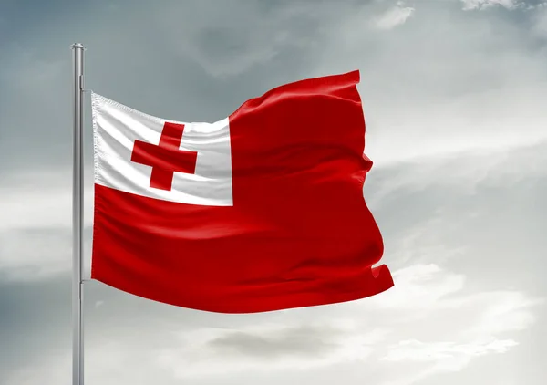 Tonga Nationalflag Klud Stof Vinke Smuk Grå Himmel Baggrund - Stock-foto