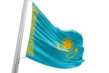 Kazakistan ulusal bayrak kumaşı güzel beyaz arka planda dalgalanıyor.