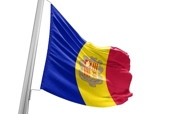 Andorra Národní Vlajkové Tkaniny Vlnění Krásném Městském Pozadí — Stock fotografie