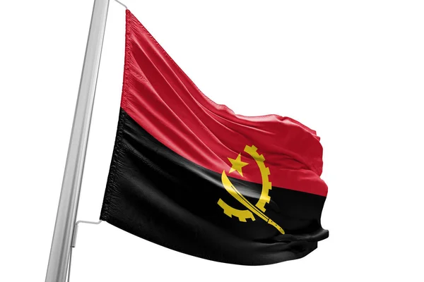 安哥拉国旗布在美丽的城市背景下飘扬 — 图库照片