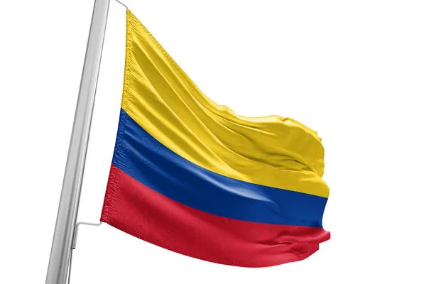 哥伦比亚国旗布在美丽的城市背景下飘扬 — 图库照片