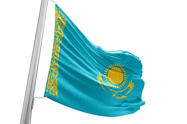 Εθνικό Ύφασμα Σημαία Καζακστάν Κυματίζει Όμορφο Λευκό Φόντο — Φωτογραφία Αρχείου