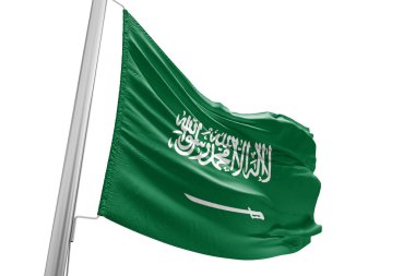 Suudi Arabistan ulusal bayrak kumaşı güzel beyaz arka planda dalgalanıyor..