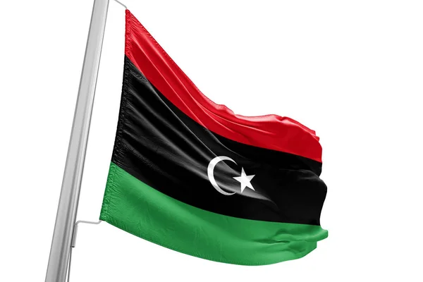 Libië Nationale Vlag Stof Zwaaien Mooie Stad Achtergrond — Stockfoto