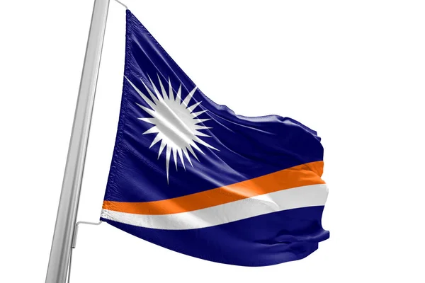 Marshall Eilanden Nationale Vlag Doek Zwaaien Mooie Stad Achtergrond — Stockfoto