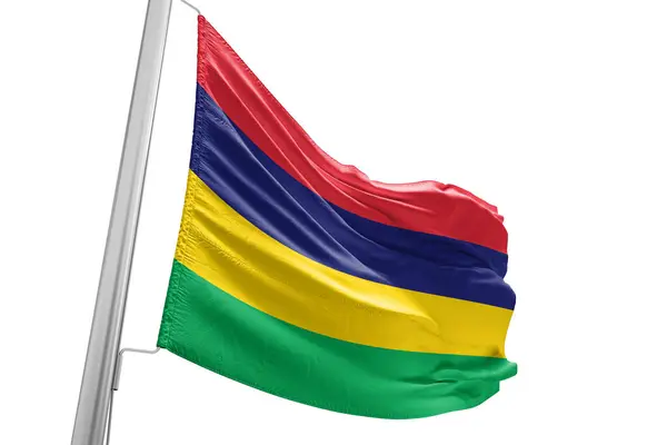 Маврикий Национальный Флаг Ткани Ткани Размахивая Красивом Фоне Города — стоковое фото