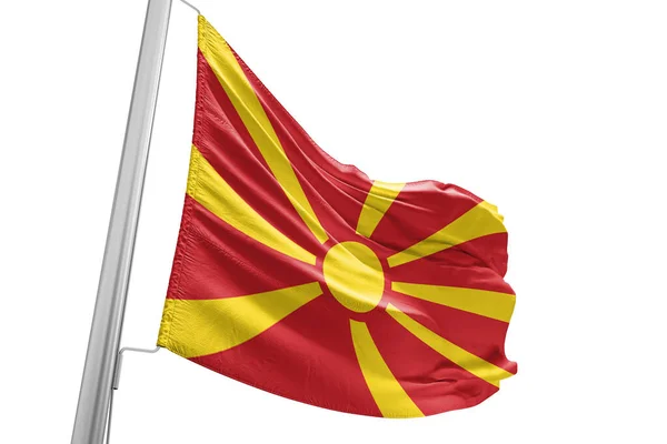Kuzey Makedonya Ulusal Bayrak Kumaşı Güzel Şehir Arkaplanında Dalgalanıyor — Stok fotoğraf