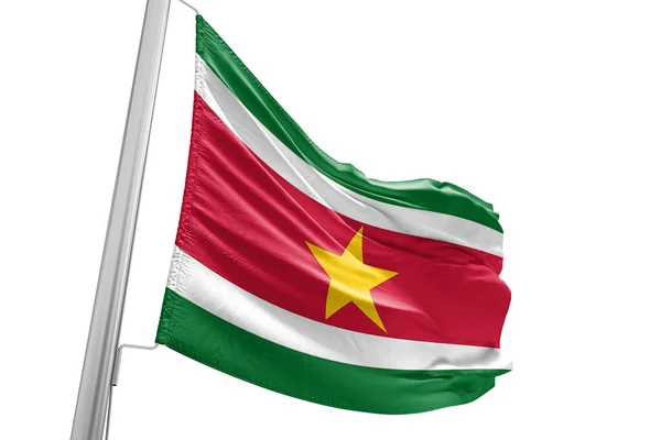 Suriname Nationalflagge Stoff Weht Auf Schönen Weißen Hintergrund — Stockfoto