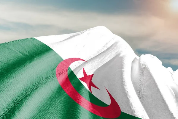Algeria National Flag Cloth Fabric Waving Beautiful Sky Background — Stock Photo, Image