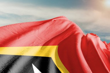 Doğu Timor (Timor-Leste) güzel gri arka planda sallanan ulusal bayrak kumaşı.
