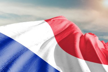 Gri arka planda sallanan Fransa bayrağı kumaşı.