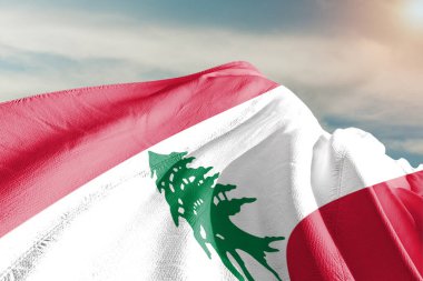Lübnan ulusal bayrak kumaşı güzel gri arka planda sallanıyor.