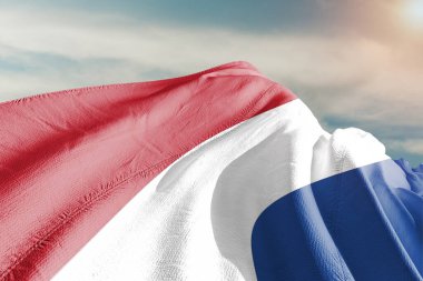 Hollanda ulusal bayrak kumaşı güzel gri arka planda dalgalanıyor.