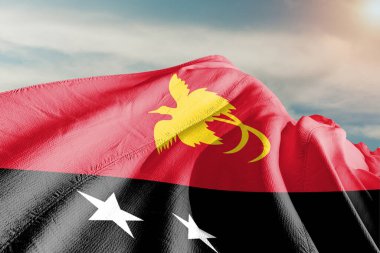 Papua Yeni Gine Ulusal Bayrak Kumaşı Güzel gri arka planda dalgalanıyor.