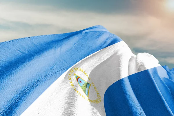 Nicaragua Tela Bandera Nacional Ondeando Sobre Hermoso Fondo Gris —  Fotos de Stock