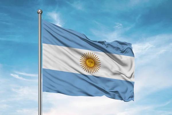 Tecido Pano Bandeira Nacional Argentina Acenando Belo Fundo Nublado — Fotografia de Stock
