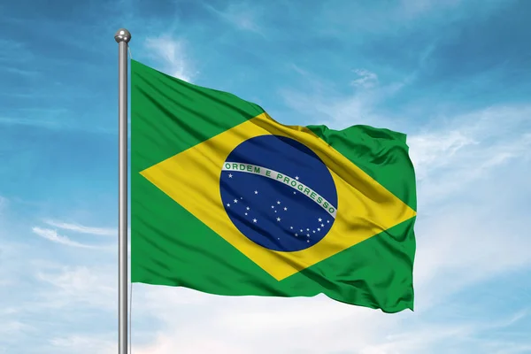 Brasil Tela Bandera Nacional Ondeando Sobre Hermoso Fondo Nublado —  Fotos de Stock
