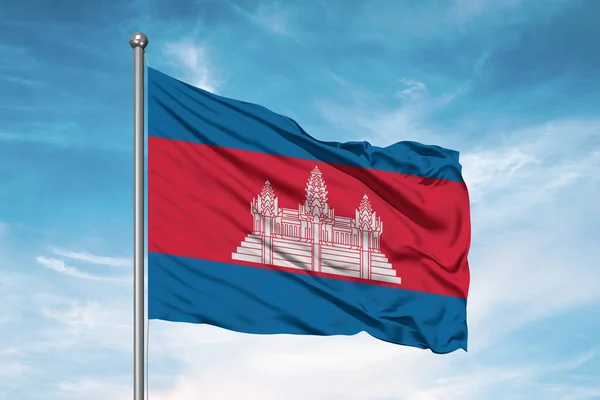 Camboja Tecido Pano Bandeira Nacional Acenando Sobre Belo Fundo Nublado — Fotografia de Stock