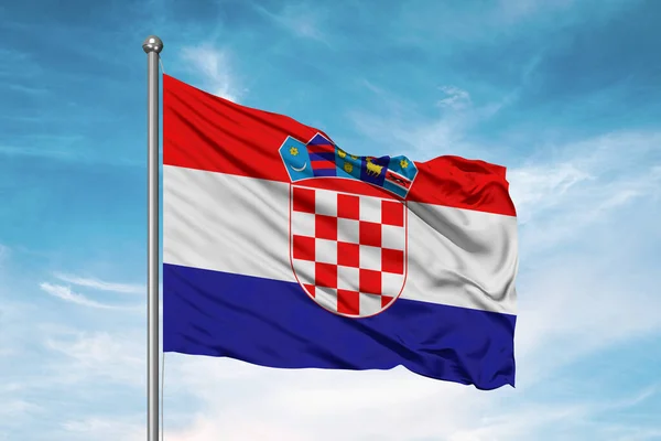 Croácia Tecido Pano Bandeira Nacional Acenando Sobre Belo Fundo Nublado — Fotografia de Stock