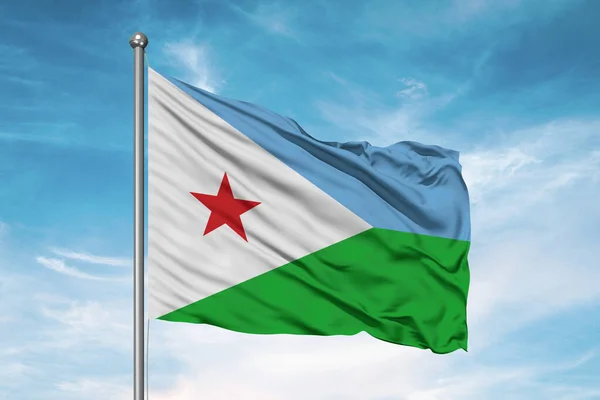 stock image Djibouti national flag cloth fabric waving on beautiful cloudy Background.