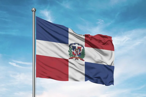 Dominikánská Republika Národní Vlajkové Tkaniny Vlnění Krásném Zakaleném Pozadí — Stock fotografie