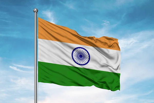 Índia Tecido Pano Bandeira Nacional Acenando Fundo Nublado Bonito — Fotografia de Stock