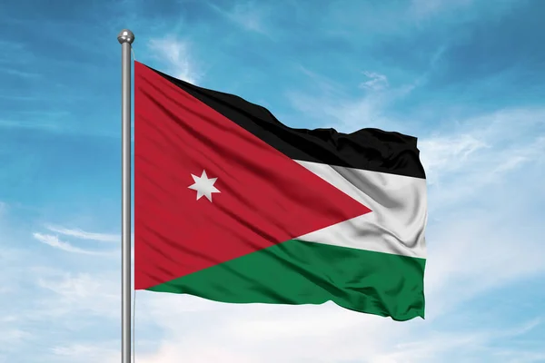 Jordania Tela Bandera Nacional Ondeando Sobre Hermoso Fondo Nublado — Foto de Stock