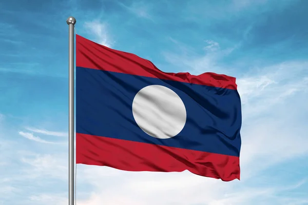 Laos Tecido Pano Bandeira Nacional Acenando Sobre Belo Fundo Nublado — Fotografia de Stock