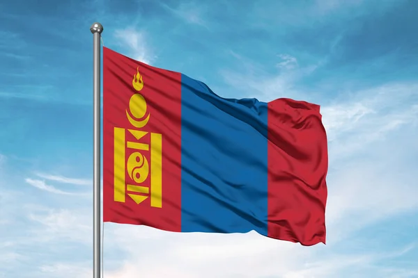 Mongolia Tela Bandera Nacional Ondeando Sobre Hermoso Fondo Nublado — Foto de Stock