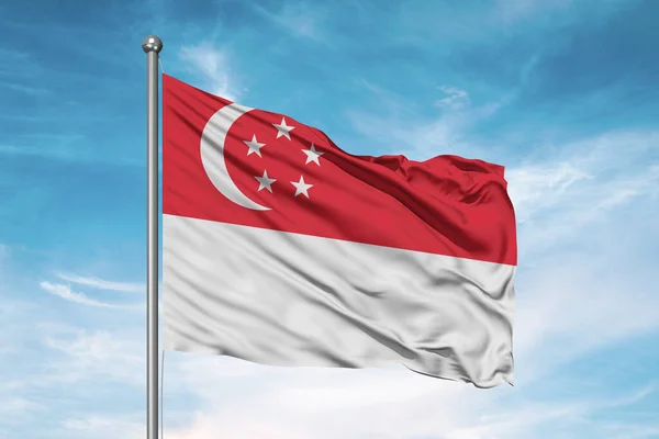 Εθνική Σημαία Της Σιγκαπούρης Ύφασμα Κυματίζει Όμορφο Θολό Φόντο — Φωτογραφία Αρχείου