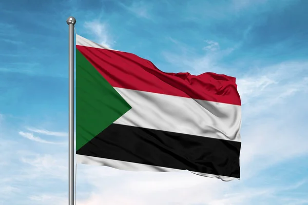 Soedan Nationale Vlag Doek Zwaaiend Mooie Bewolkte Achtergrond — Stockfoto