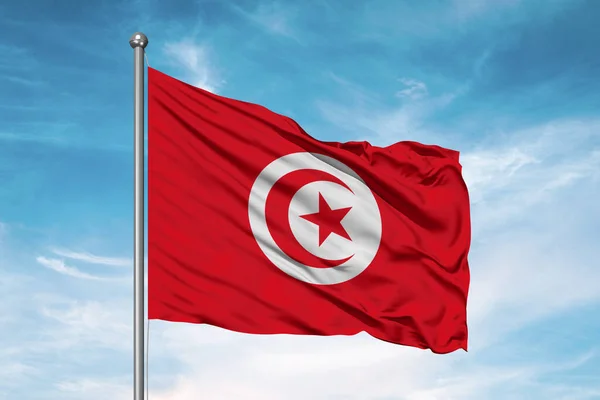 Tunisia National Flag Cloth Fabric Waving Beautiful Cloudy Background — Stock Photo, Image