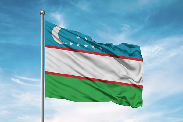 Üzbegisztán Nemzeti Zászló Szövet Hullámzó Gyönyörű Felhős Háttér — Stock Fotó