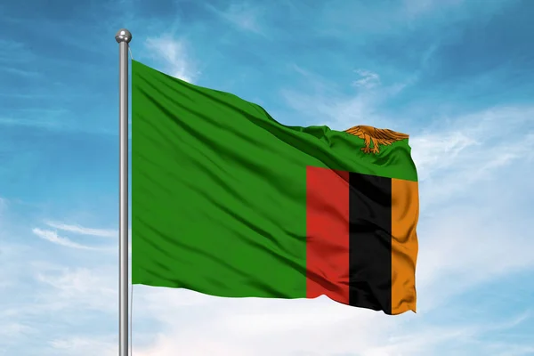 Sambia Nationalflagge Stoff Weht Auf Schönen Bewölkten Hintergrund — Stockfoto