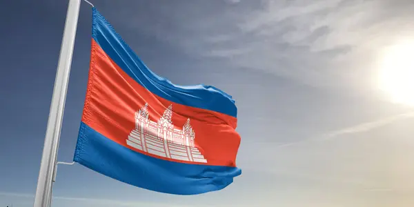 Tela Tela Bandera Nacional Camboya Ondeando Sobre Hermoso Fondo Gris — Foto de Stock