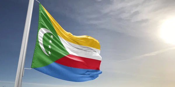 Tecido Pano Bandeira Nacional Das Comores Acenando Fundo Cinza Bonito — Fotografia de Stock