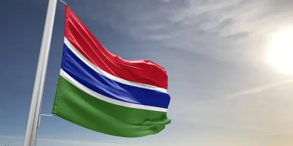 Gambia Nationale Vlag Doek Zwaaiend Prachtige Stad Achtergrond — Stockfoto