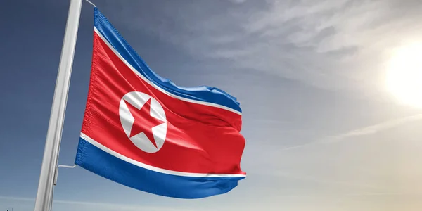 Korea Severní Národní Vlajkové Tkaniny Vlnící Krásném Šedém Pozadí — Stock fotografie
