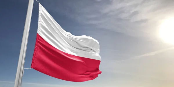Польський Національний Прапор Тканина Махаючи Красивим Сірим Фоном — стокове фото