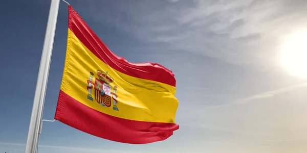 Spanya Ulusal Bayrak Kumaşı Güzel Gri Arka Planda Dalgalanıyor — Stok fotoğraf