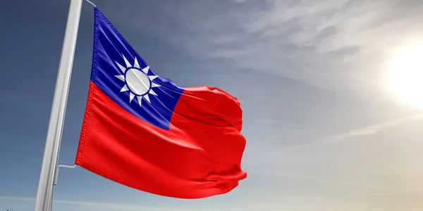 Тайваньский Национальный Флаг Ткань Ткани Размахивая Красивом Сером Фоне — стоковое фото