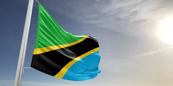 Tanzania Nationale Vlag Stof Zwaaiend Mooie Grijze Achtergrond — Stockfoto